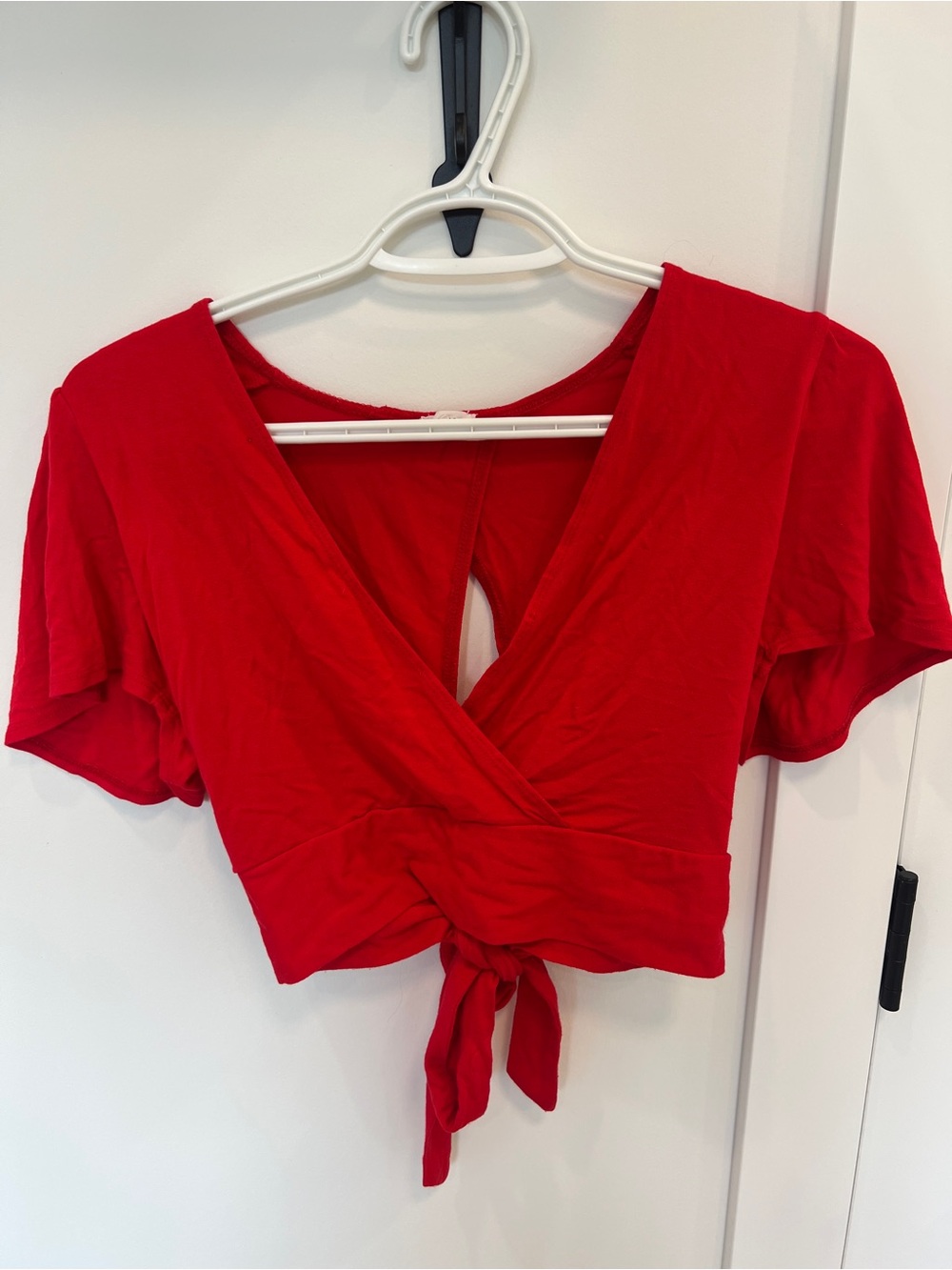 Garage Red Tie-Front V-Neck Crop Top with Short Sleeves